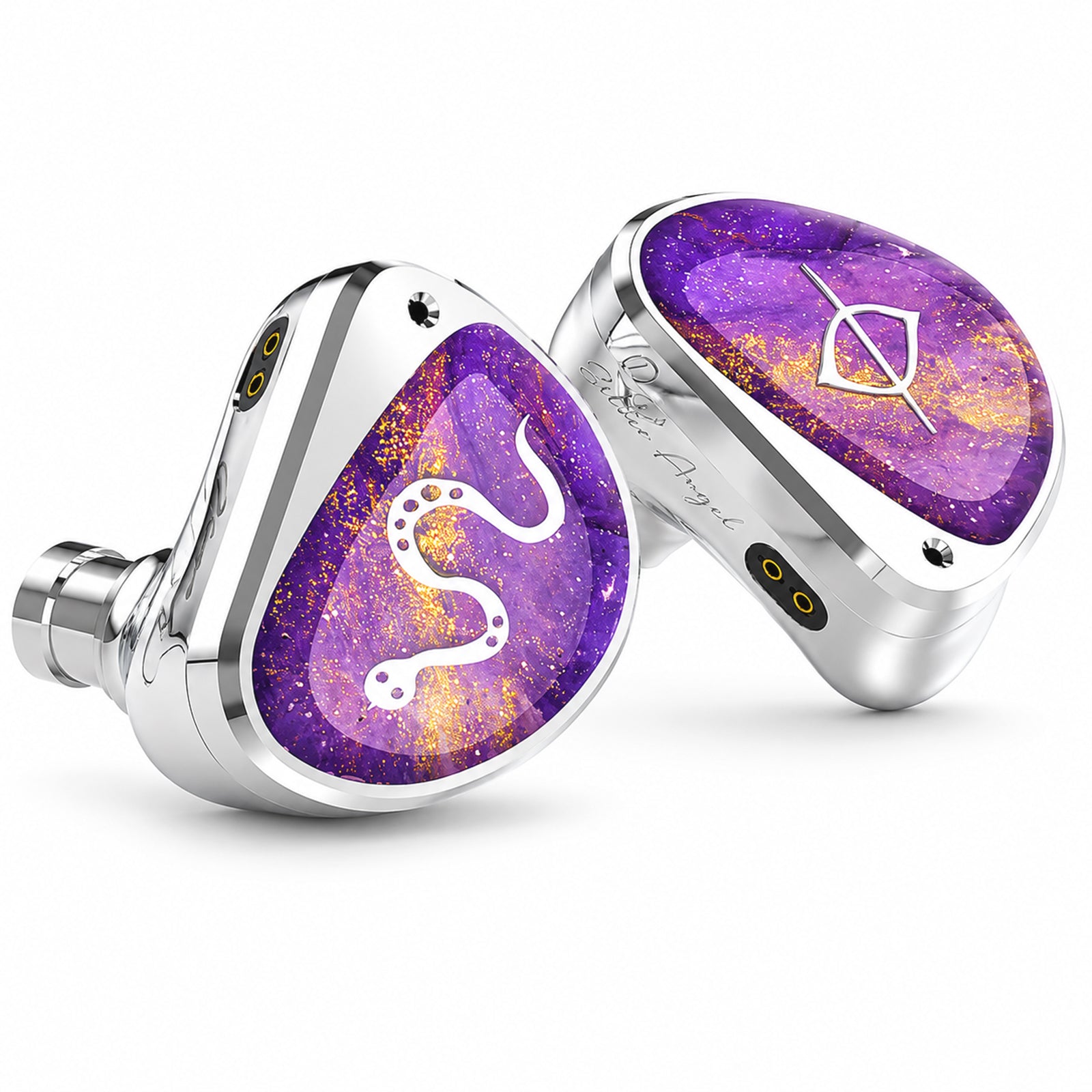 Close-up of silver and white in-ear monitors with purple galaxy logo