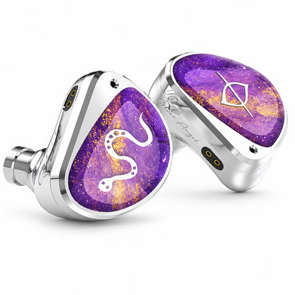 Close-up of silver and white in-ear monitors with purple galaxy logo