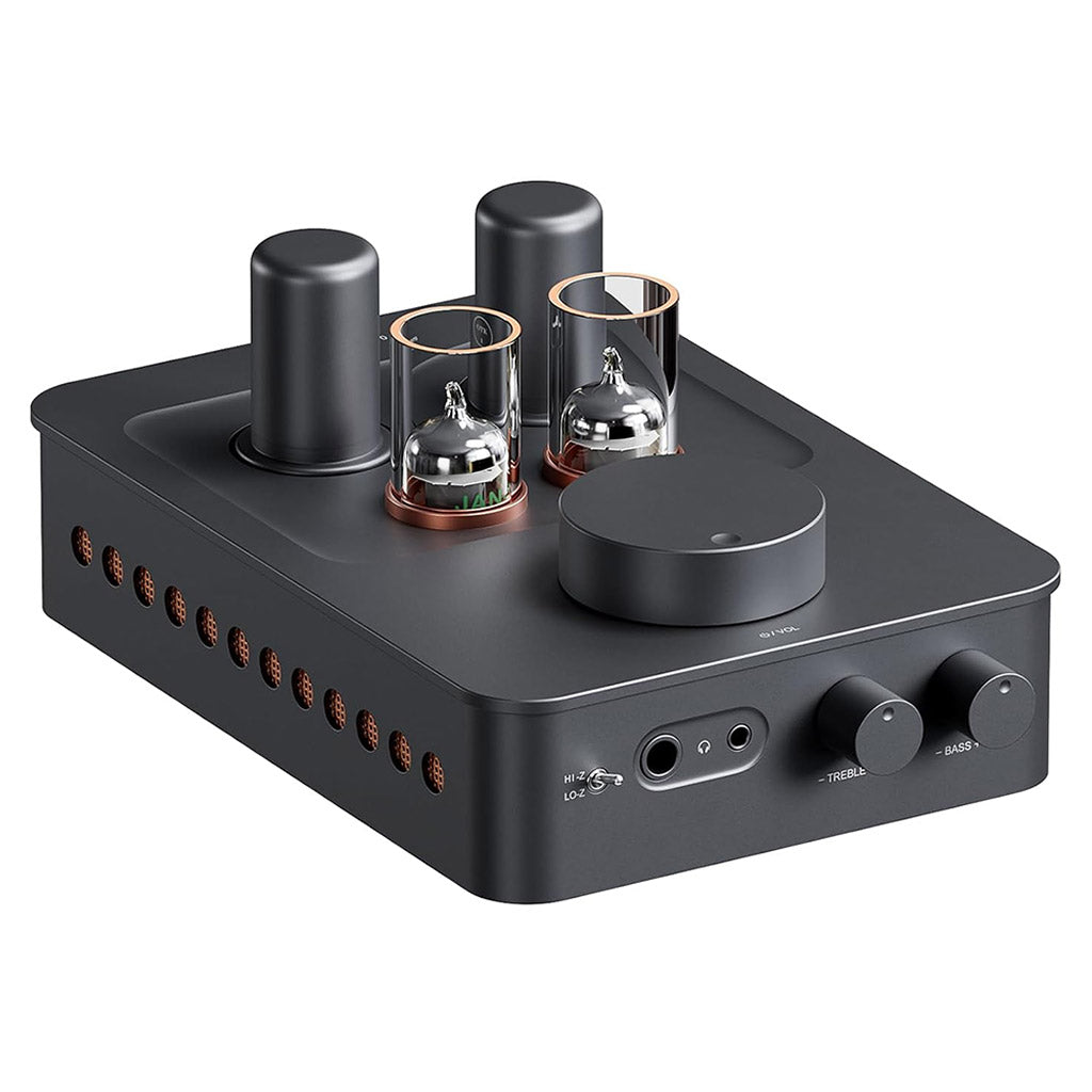 Fosi Audio GR70 Tube Amplifier with quad-tube setup and RCA input, designed for Hi-Fi headphone and speaker systems.