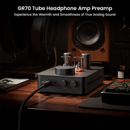 Fosi Audio GR70 Tube Headphone Amp Preamp on a desktop setup, showcasing analog sound warmth and premium build.