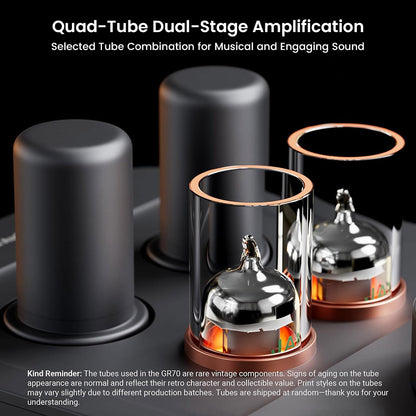 Close-up of Fosi Audio GR70's quad-tube dual-stage amplification, highlighting vintage vacuum tubes for rich audio output.