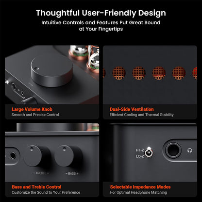 Fosi Audio GR70 Tube Amplifier features user-friendly controls including volume, bass, treble, and impedance switch.