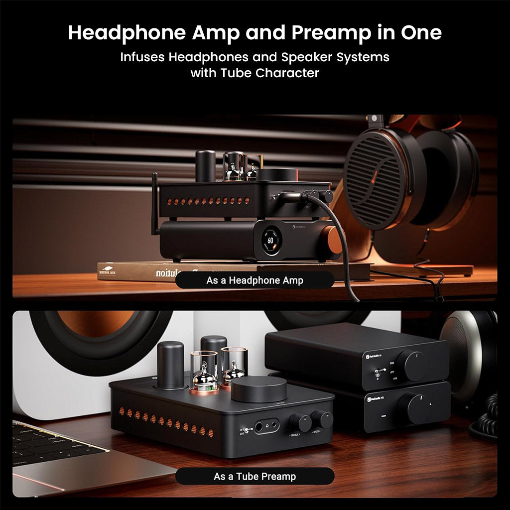 Fosi Audio GR70 used as headphone amp and tube preamp, enhancing audio systems with analog tube character.