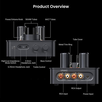 Fosi Audio GR70 rear and front panel overview with RCA input/output, headphone jack, and control knobs labeled.