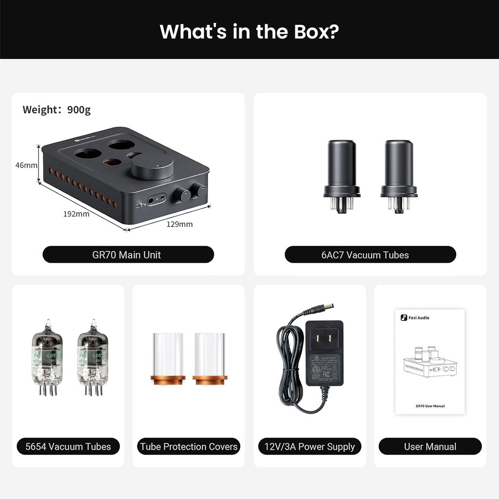 Box contents of Fosi Audio GR70 including main unit, vacuum tubes, power supply, tube covers, and user manual.