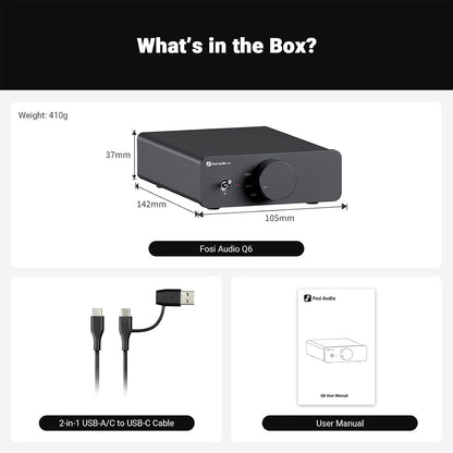Fosi Audio Q6 DAC package contents including USB-A to USB-C cable and user manual, with product dimensions and weight displayed.