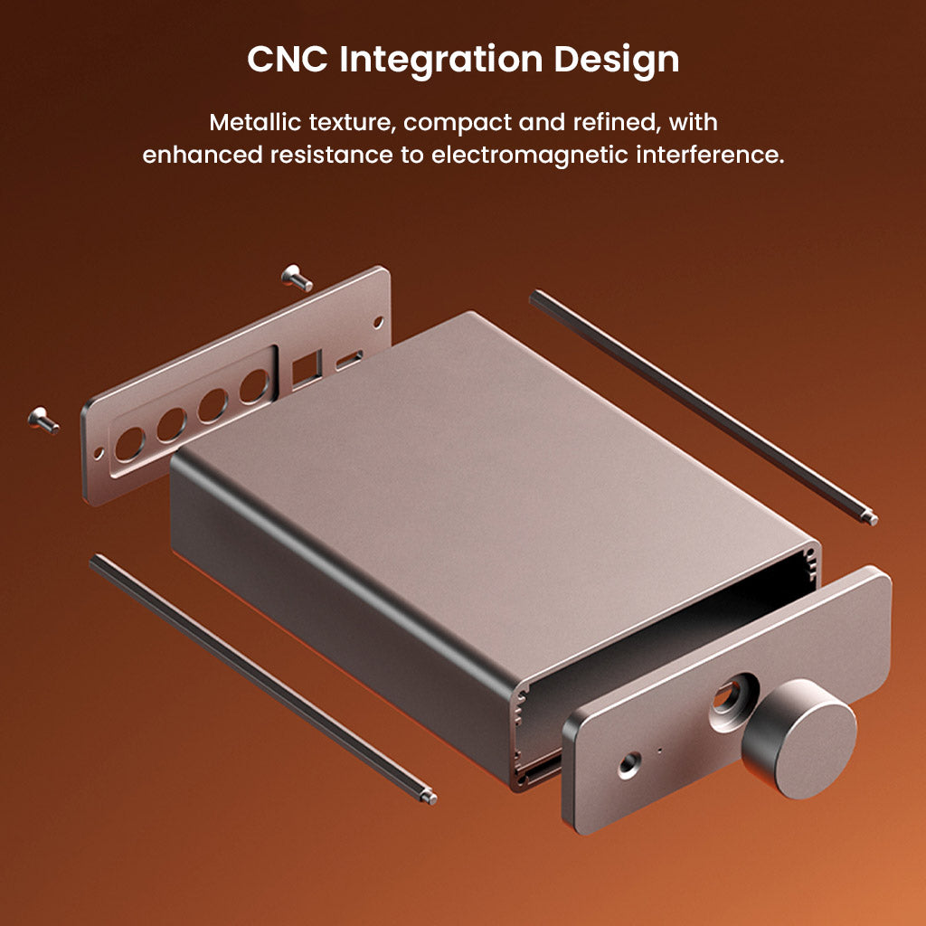 Exploded view of Fosi Audio Q6 DAC's CNC aluminum-alloy chassis, highlighting its compact, durable design and EMI resistance.