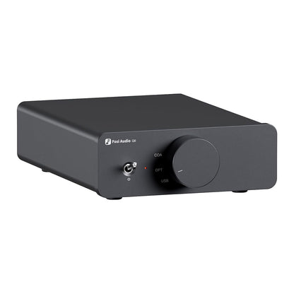 Fosi Audio Q6 DAC - Compact desktop audiophile DAC with USB-C, optical, and coaxial input, featuring a sleek aluminum-alloy design.