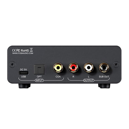 Rear panel of Fosi Audio Q6 DAC showing USB, optical, coaxial inputs, and RCA, subwoofer outputs for versatile audio connectivity.
