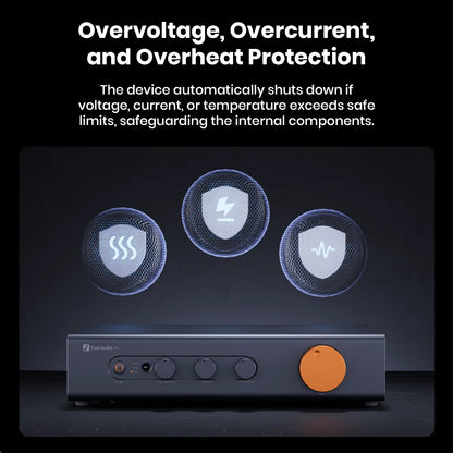 Fosi Audio ZP3 preamp with icons representing overvoltage, overcurrent, and overheating protection to safeguard internal components.