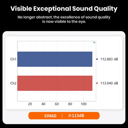 SINAD performance chart of Fosi Audio ZP3 showing exceptional sound quality with values exceeding 113dB for both audio channels.