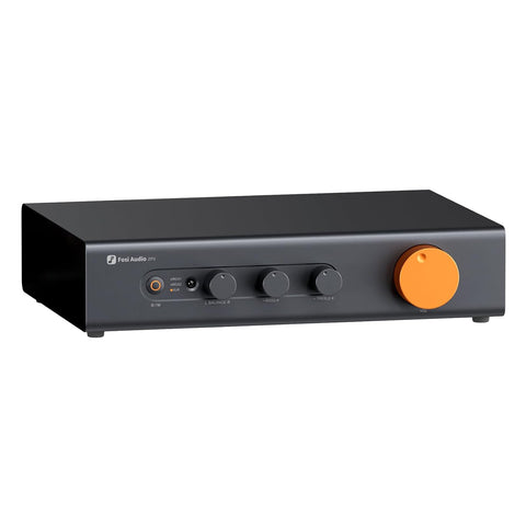 Fosi Audio – ZP3 Balanced Preamp Control Hub with sleek aluminum design, featuring RCA and XLR inputs, tone controls, and large orange volume knob.