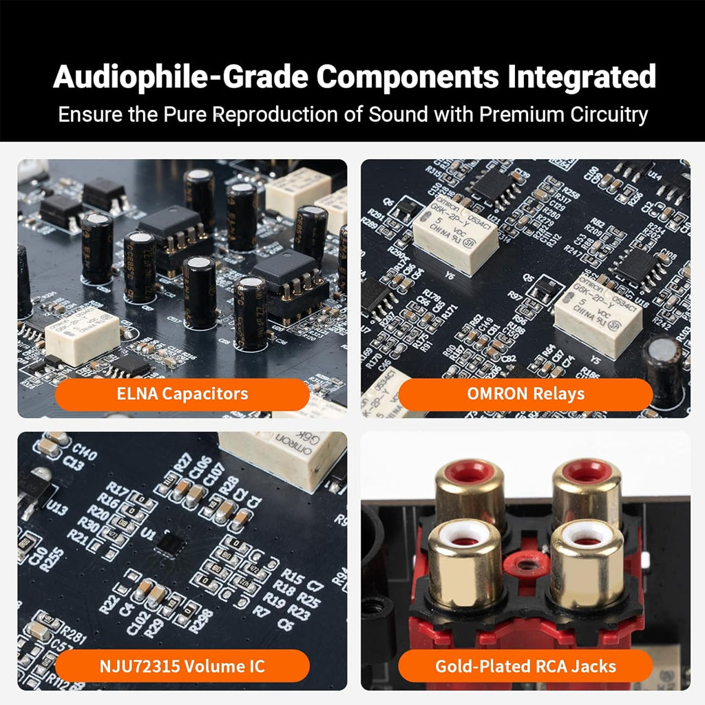 Close-up of Fosi Audio ZP3 internal components like ELNA capacitors, OMRON relays, NJU72315 IC, and gold-plated RCA jacks for audiophile-grade performance.
