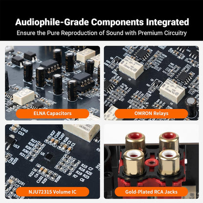 Close-up of Fosi Audio ZP3 internal components like ELNA capacitors, OMRON relays, NJU72315 IC, and gold-plated RCA jacks for audiophile-grade performance.