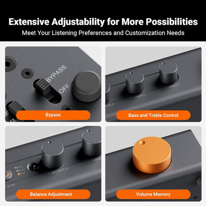 Fosi Audio ZP3 preamp features extensive adjustability including bypass switch, bass/treble control, balance adjustment, and volume memory knob.