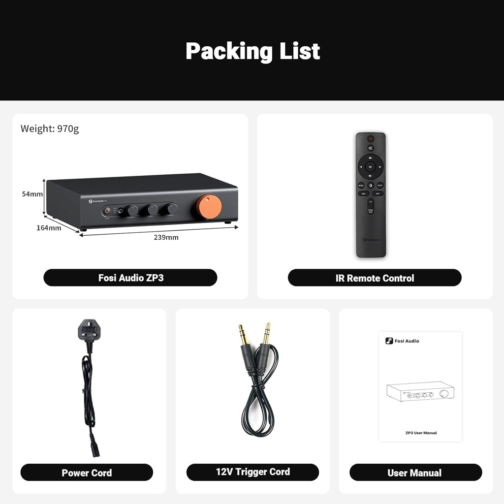 Fosi Audio ZP3 packaging contents including the preamp unit, IR remote control, power cord, 12V trigger cable, and user manual.