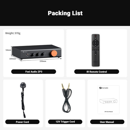 Fosi Audio ZP3 packaging contents including the preamp unit, IR remote control, power cord, 12V trigger cable, and user manual.