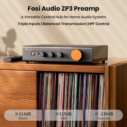 Fosi Audio ZP3 preamp placed on a wooden shelf with vinyl records, highlighting its role as a versatile control hub with balanced transmission and HPF control.