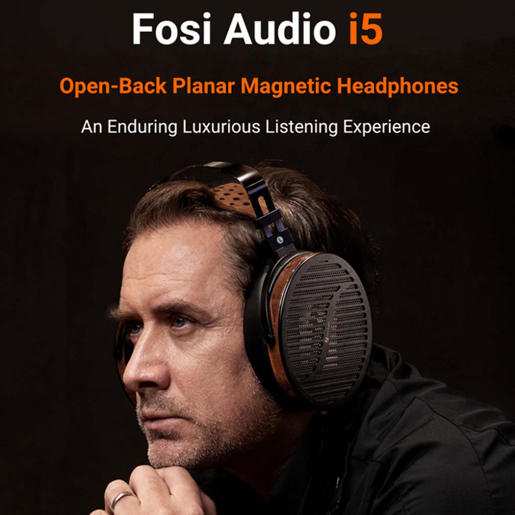 Man wearing Fosi Audio i5 open-back planar magnetic headphones, showcasing luxurious design and immersive listening experience.