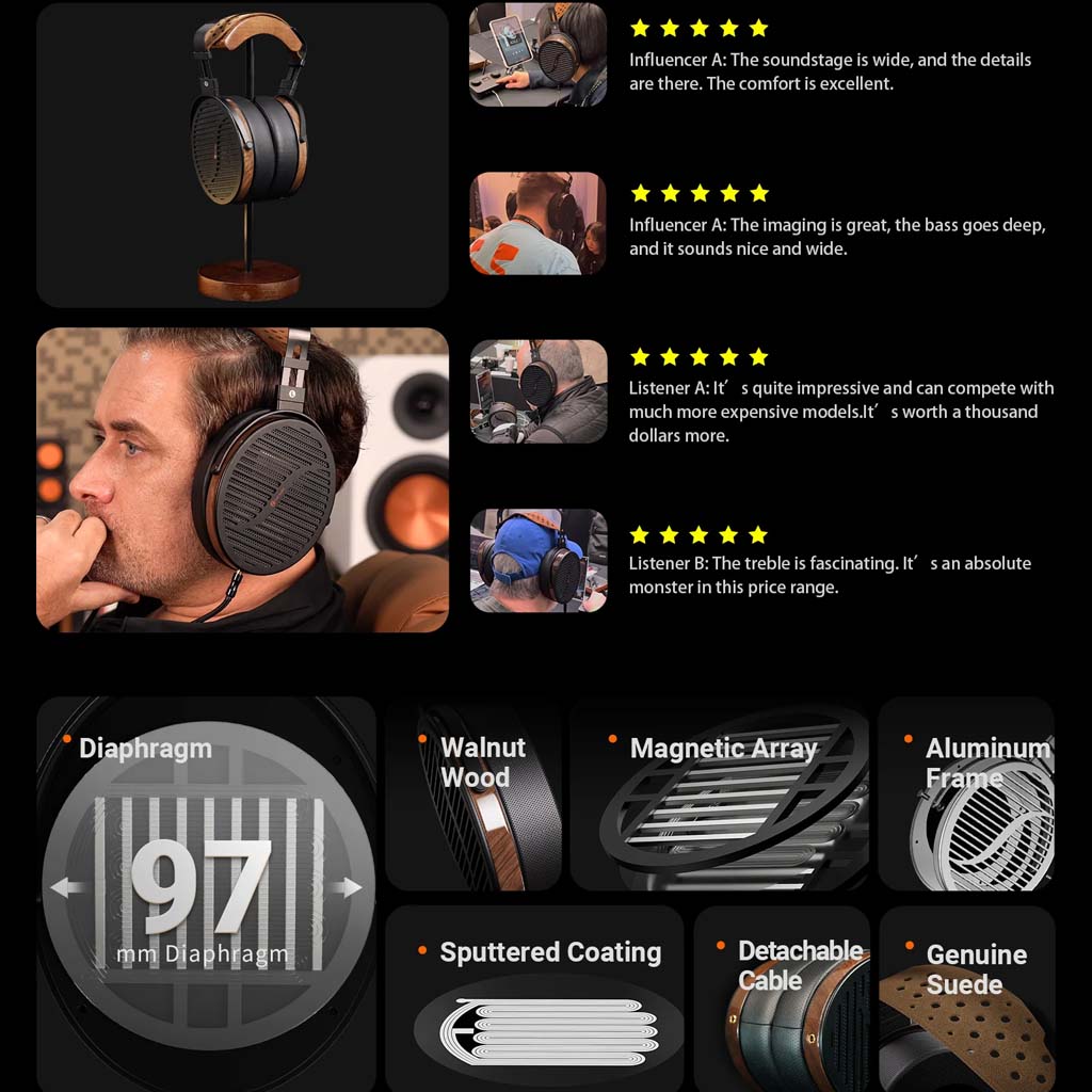 Customer reviews and feature highlights of Fosi Audio i5 headphones, emphasizing diaphragm size, wood frame, and audio quality.