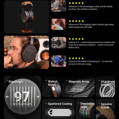 Customer reviews and feature highlights of Fosi Audio i5 headphones, emphasizing diaphragm size, wood frame, and audio quality.