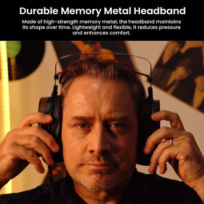 Man adjusting Fosi Audio i5 headphones with durable memory metal headband for long-lasting flexibility and comfort.