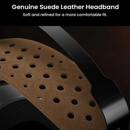Close-up of genuine suede leather headband on Fosi Audio i5 headphones, offering a soft and refined fit.