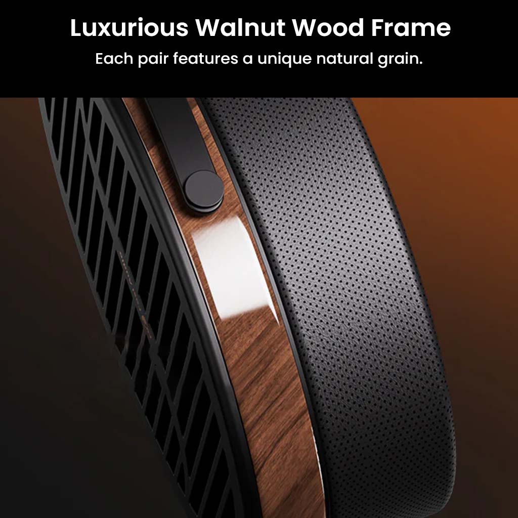 Luxurious walnut wood frame on Fosi Audio i5 headphones, each pair featuring a unique natural grain for premium aesthetics.
