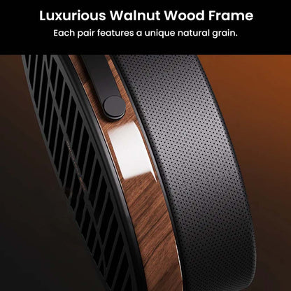 Luxurious walnut wood frame on Fosi Audio i5 headphones, each pair featuring a unique natural grain for premium aesthetics.