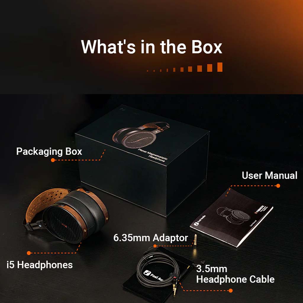 Fosi Audio i5 headphone package contents including headphones, 3.5mm cable, 6.35mm adapter, and user manual.