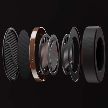 Exploded view of Fosi Audio i5 headphone components, highlighting planar magnetic driver and layered acoustic design.