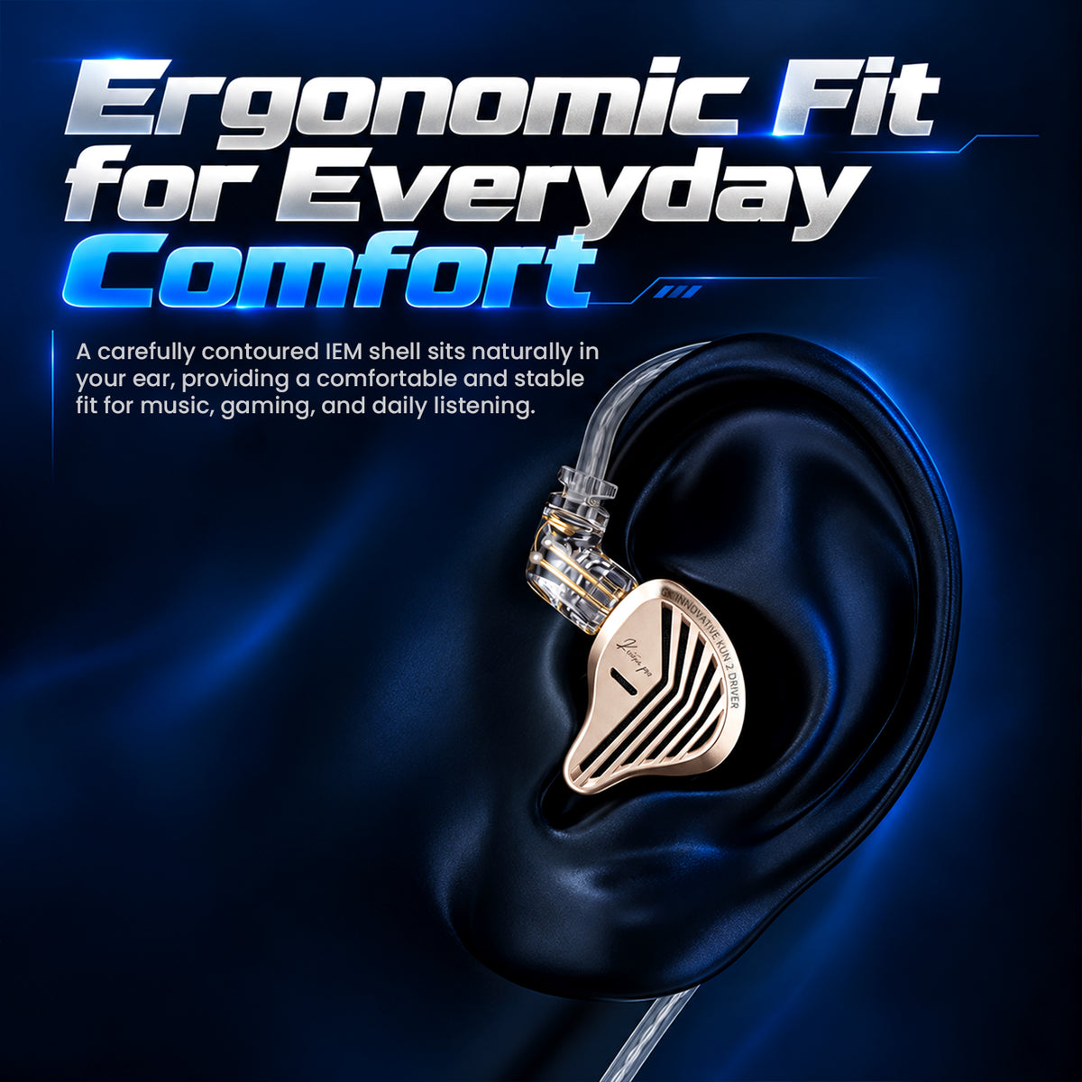 Gold-colored in-ear monitor with a sleek design, featuring a transparent cable and a black ear shell, resting on a dark surface