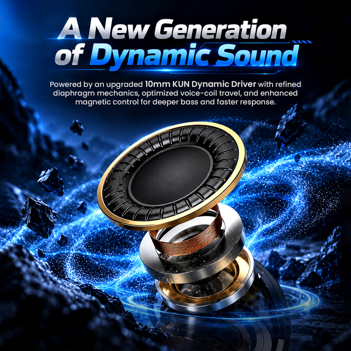 Dynamic driver in-ear monitor with sleek black and gold design, highlighting enhanced bass and clear audio performance for professional use.