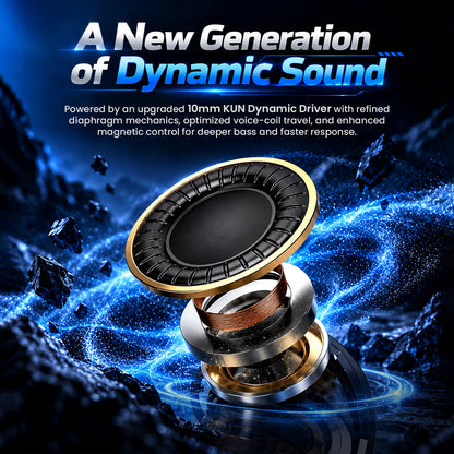 Dynamic driver in-ear monitor with sleek black and gold design, highlighting enhanced bass and clear audio performance for professional use.