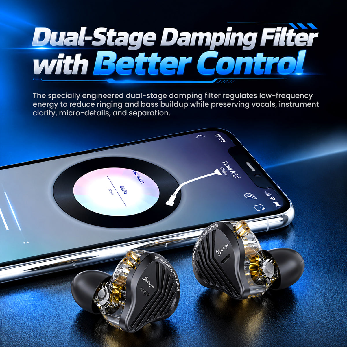 Close-up of a silver-plated, detachable 2-pin cable connected to a high-performance in-ear monitor, with a smartphone displaying music controls.