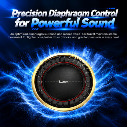 Close-up of a high-performance speaker driver with a gold rim, black cone, and red accents, highlighting 7.1mm size for powerful sound