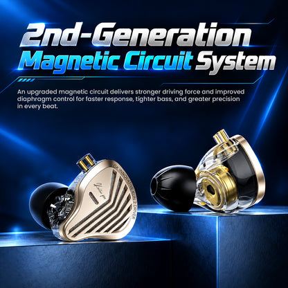 Promotional graphic featuring second-generation magnetic circuit system and precision diaphragm control for powerful, accurate sound.