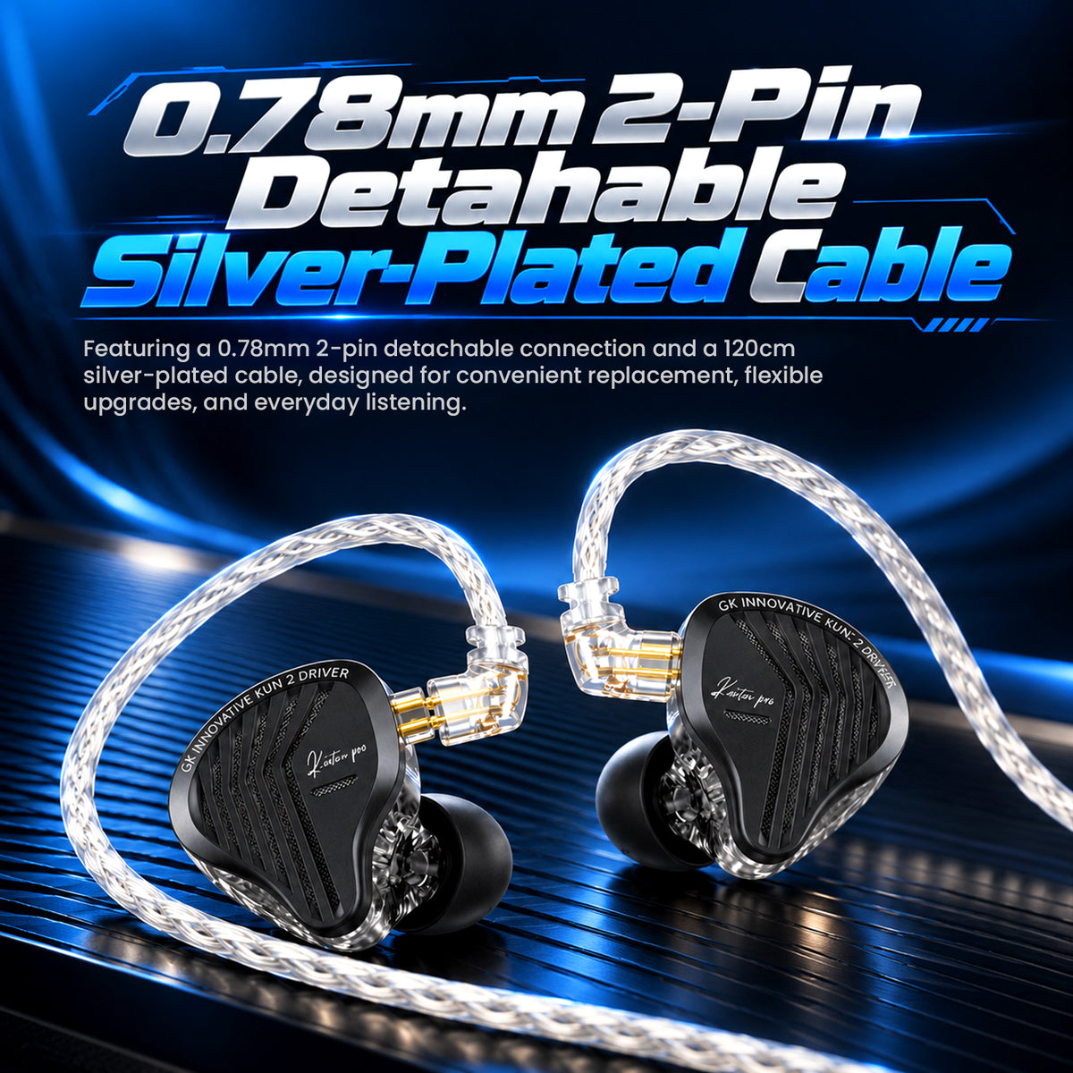 High-tech in-ear monitor with advanced damping filter and custom fit, designed for immersive listening, on a vibrant blue background.