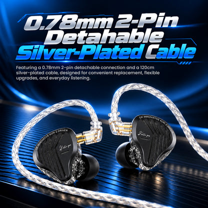 High-tech in-ear monitor with advanced damping filter and custom fit, designed for immersive listening, on a vibrant blue background.
