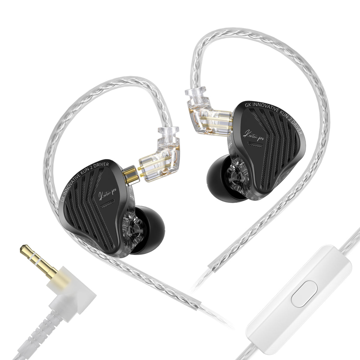 Gold-colored GK KUNTEN Pro 2nd Generation in-ear monitor with advanced driver technology, transparent cable, and ergonomic shape