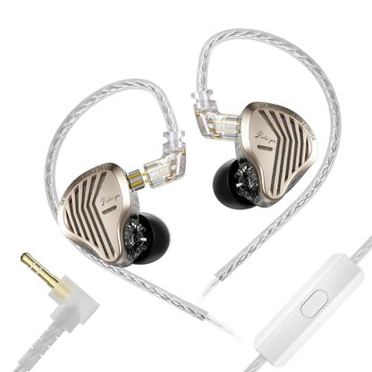 Close-up of gold-colored in-ear monitor with transparent shell and braided cable, showcasing advanced driver technology for superior sound quality.