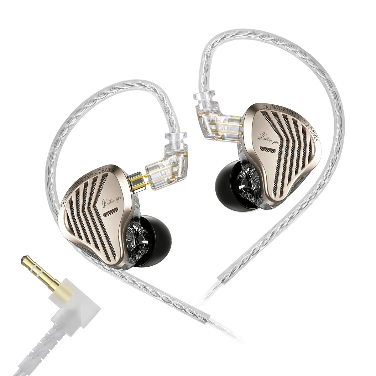 Silver and gold in-ear monitor with transparent braided cable, featuring a sleek design and black ear tips for high-quality audio