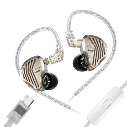 Gold-colored in-ear monitor with a sleek design, featuring a transparent cable and black ear tips, labeled GK KUNTEN Pro 2nd-Generation KUN Dynamic Driver