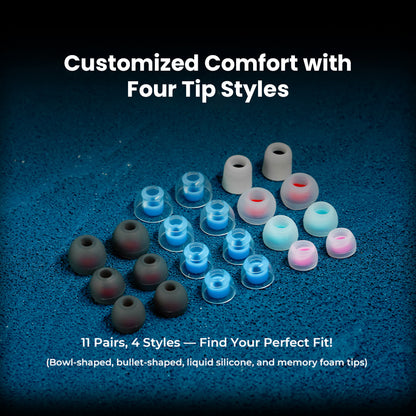 JUZEAR Harrier IEM ear tips in 11 pairs and 4 styles including memory foam and silicone for customized comfort and fit.