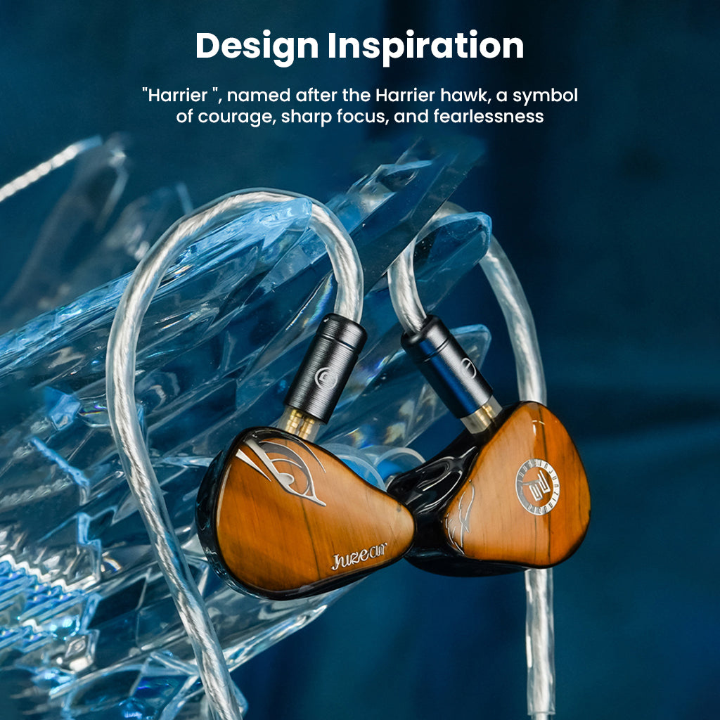 JUZEAR Harrier IEMs with transparent cable and tiger’s eye faceplate, inspired by the Harrier hawk for sharp sound and bold aesthetics.