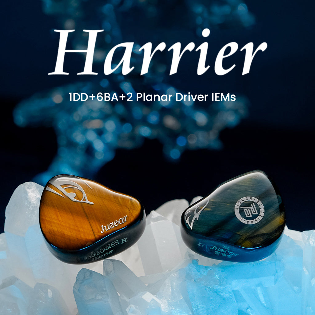 JUZEAR Harrier hybrid IEMs with 1DD+6BA+2 planar drivers shown on crystal background, highlighting premium design and build.