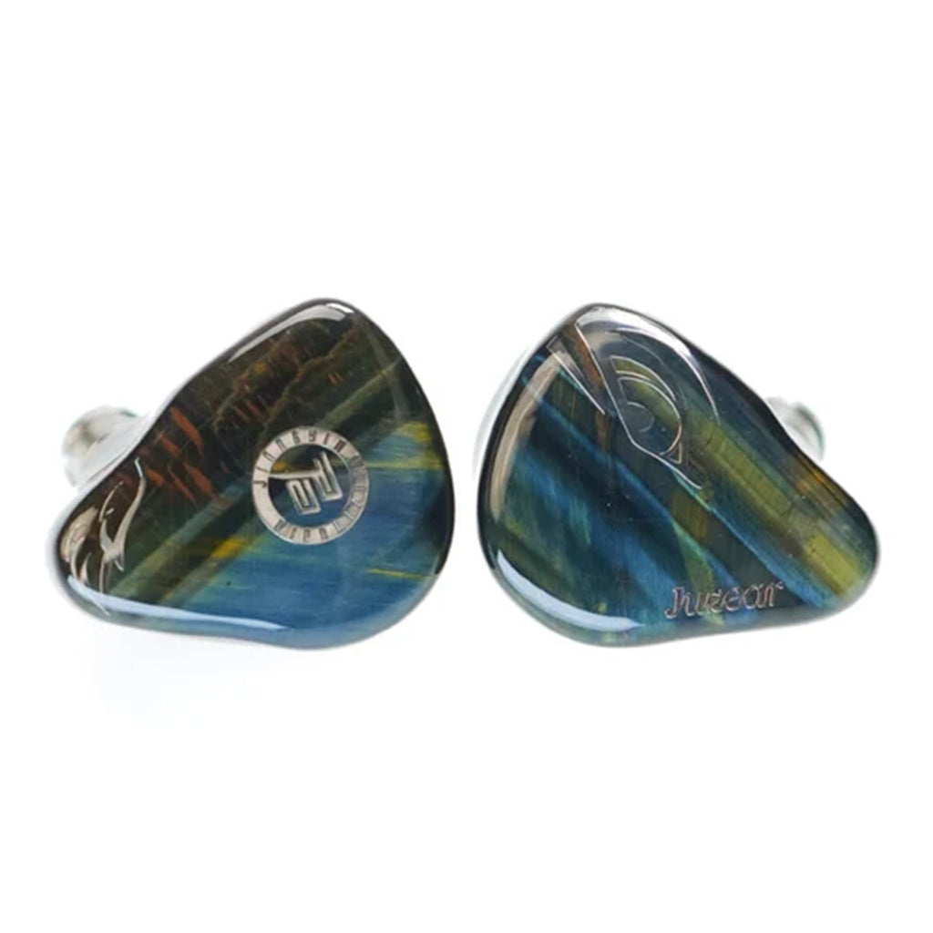 JUZEAR Harrier IEM with blue tiger’s eye faceplates featuring 1DD, 6BA, and 2 micro planar drivers for hi-res audiophile sound.