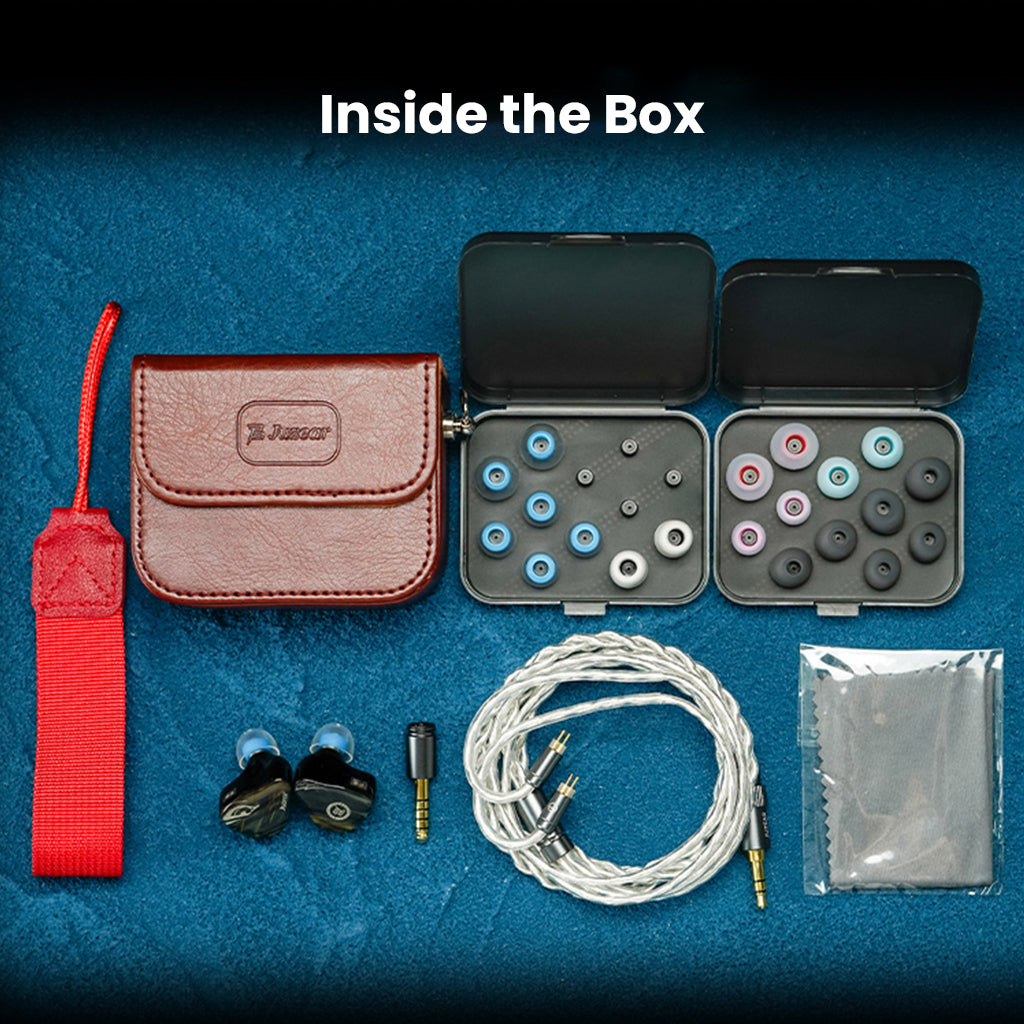 JUZEAR Harrier IEM full accessory set including cable, ear tips, leather case, and cleaning cloth for premium unboxing experience.