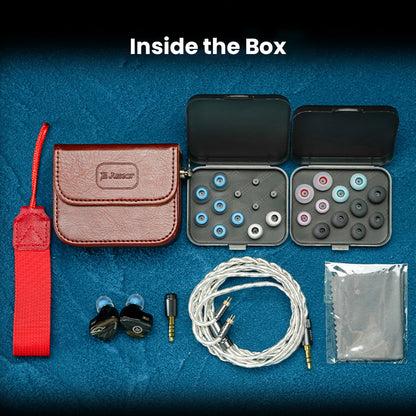JUZEAR Harrier IEM full accessory set including cable, ear tips, leather case, and cleaning cloth for premium unboxing experience.