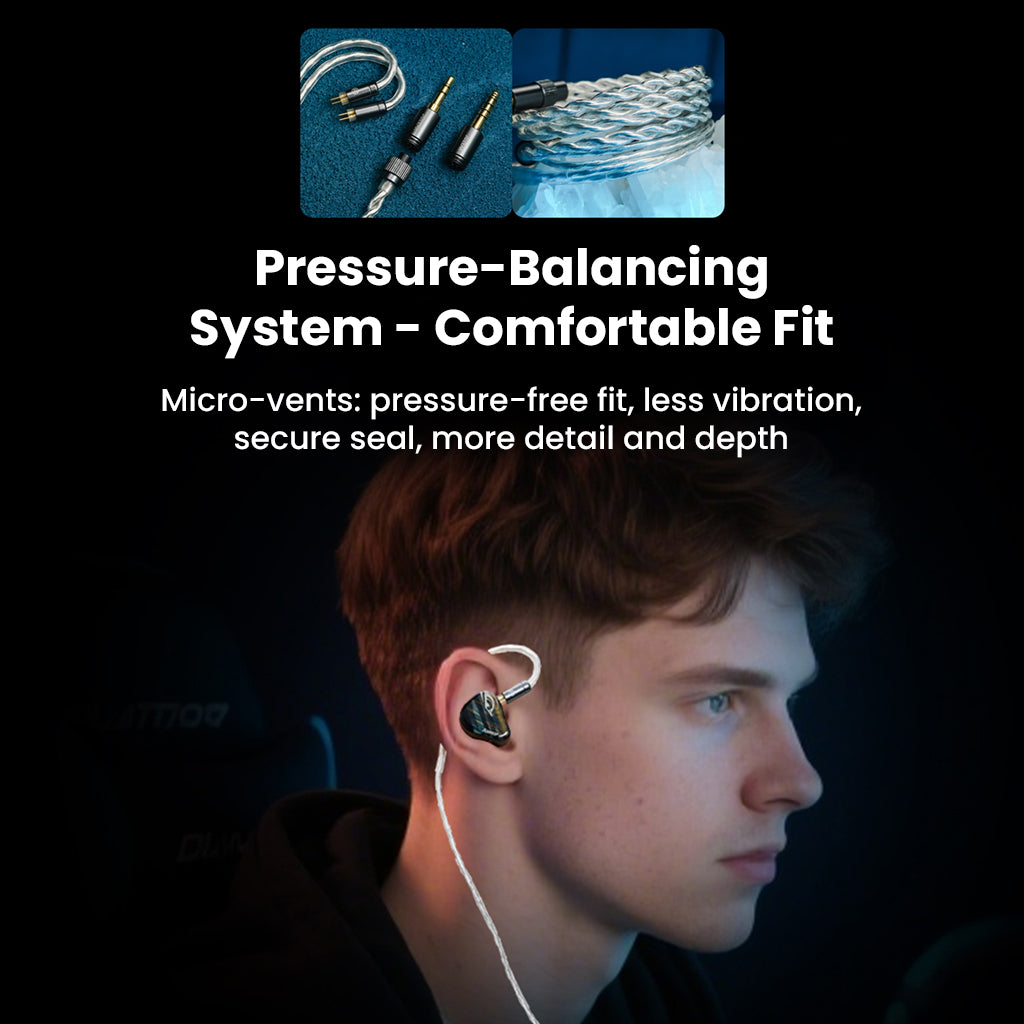 Model wearing JUZEAR Harrier IEM with pressure-balancing system for secure fit, reduced vibration, and enhanced detail.